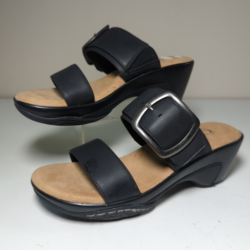 New Cliffs White Mountain Black Wedge Chunky Sandals Buckle Slip On Sz 8 Y2K 90s
